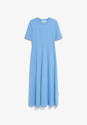 Blauwe katoenen jurk met korte mouwen, ronde halslijn, uitlopende silhouet en een A-lijn snit. Heeft een label aan de zijkant.