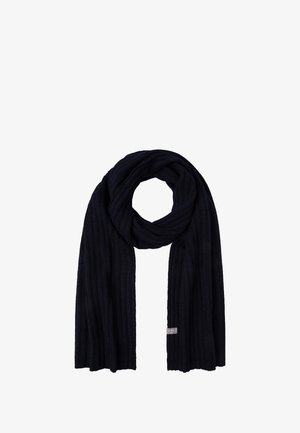 Marine gebreide sjaal van textiel, met een label aan één uiteinde. Lange rechthoekige vorm, geschikt om te wikkelen of te draperen.