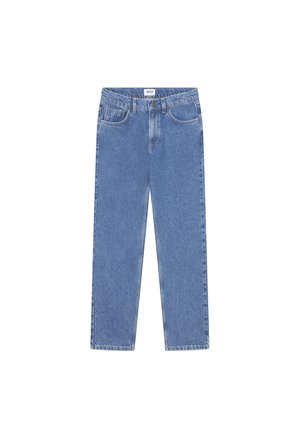 Light blue denim jeans with a straight fit, five-pocket design, and a waistband label. Clean finish with subtle fading.