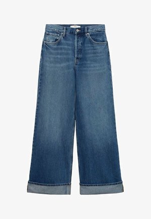 Dark blue wide-leg jeans with a high waist, featuring five pockets, button and zipper closure, and rolled cuffs. Classic denim texture.
