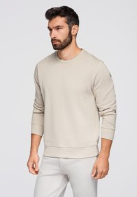 Felpa beige chiaro con collo a giro, polsini e orlo a costine. Texture liscia, maniche lunghe e vestibilità comoda. Indossata con pantaloni chiari.