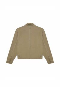 Khaki cotton jacket featuring a collar, long sleeves, buttoned cuffs, and a straight cut with visible seams and a logo tag at the hem.