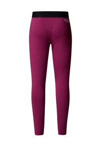 Leggings di colore bacca con una fascia elasticizzata nera che presenta il logo "The North Face". Tessuto morbido, design aderente.