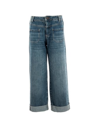 Jeans in denim blu a gamba larga con orlo piegato, cinque tasche e chiusura a bottone, con una finitura sbiadita e dettagli di cucitura rinforzati.
