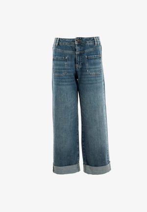 Jeans in denim blu a gamba larga con orlo piegato, cinque tasche e chiusura a bottone, con una finitura sbiadita e dettagli di cucitura rinforzati.