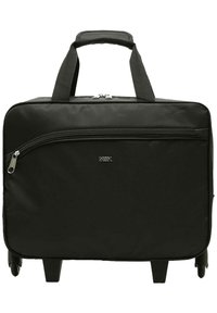Black rolling laptop bag made of textured nylon. Features a zipper pocket in front, dual handles, and four wheels for mobility.