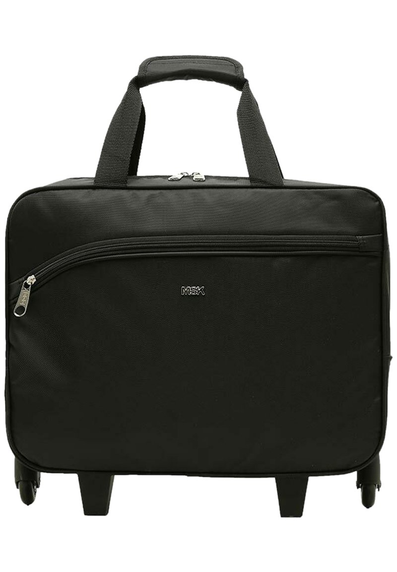 Black rolling laptop bag made of textured nylon. Features a zipper pocket in front, dual handles, and four wheels for mobility.