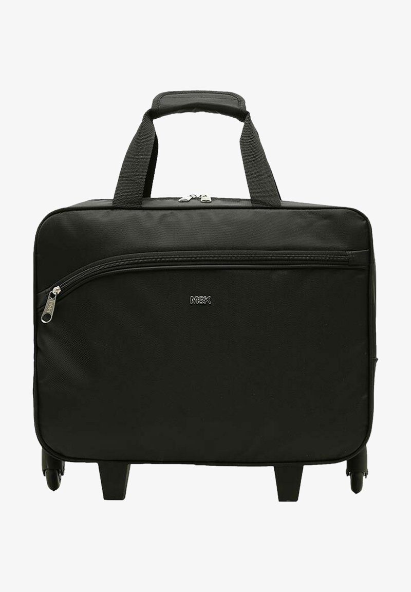 Schwarze Rolltasche für Laptops aus strukturiertem Nylon. Ausgestattet mit einer Reißverschlusstasche vorne, zwei Griffen und vier Rädern für Mobilität.