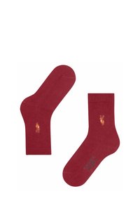 Calzini in cotone bordeaux con polsini a coste, decorati con ricami di una mano e di un cervo sui lati, texture liscia e lunghezza media.