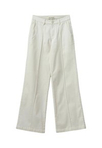 Valkoiset leveälahkeiset puuvillapantsit korkealla vyötäröllä, joissa on etutaskut, pleateja ja ompeluyksityiskohtia saumoissa.