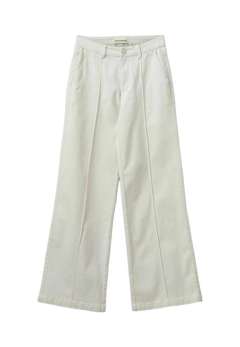 Valkoiset leveälahkeiset puuvillapantsit korkealla vyötäröllä, joissa on etutaskut, pleateja ja ompeluyksityiskohtia saumoissa.