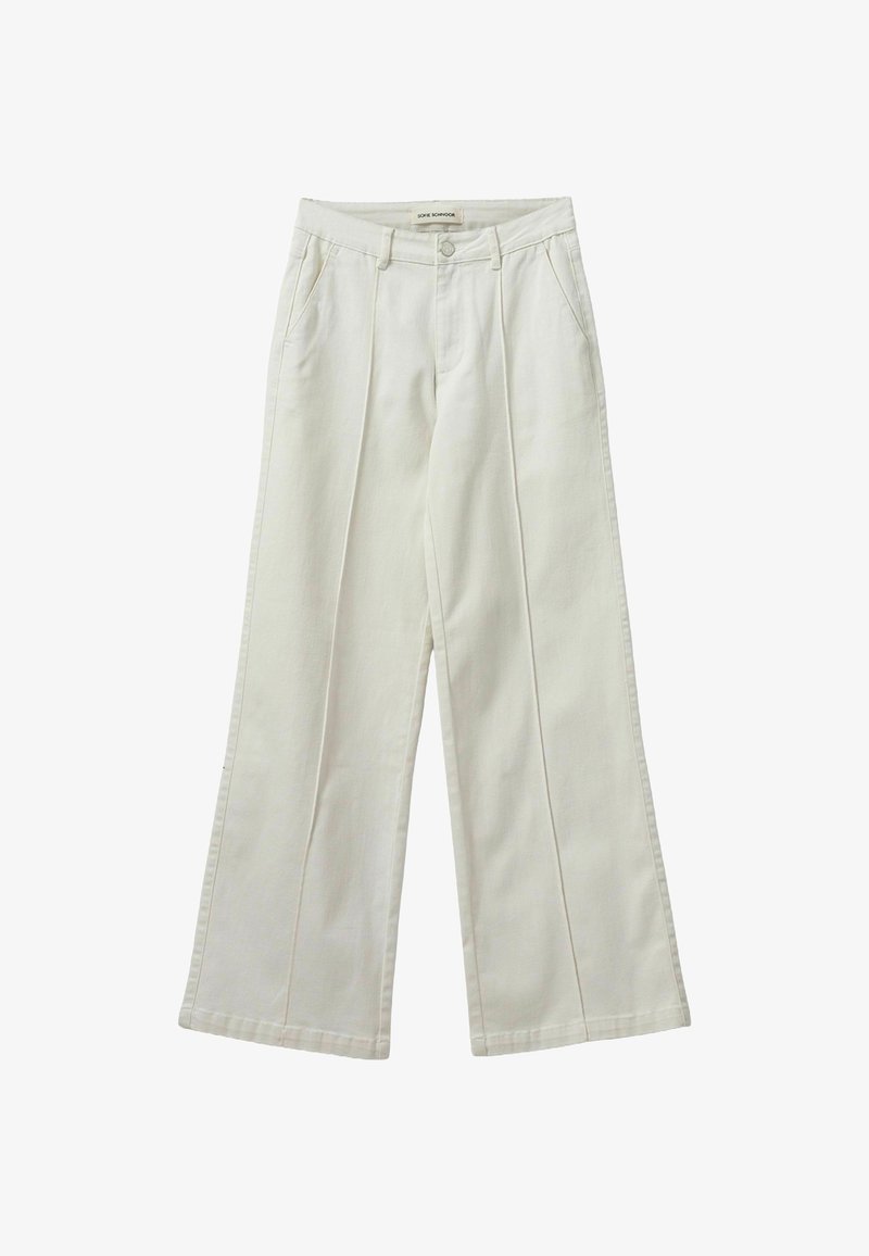 Valkoiset leveälahkeiset puuvillapantsit korkealla vyötäröllä, joissa on etutaskut, pleateja ja ompeluyksityiskohtia saumoissa.