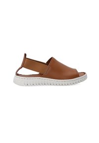Bruine leren slingback schoen met een open teen, elastische strap en witte textuurzool, met een gladde afwerking en minimalistisch ontwerp.