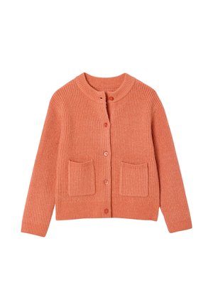 Coral pink knitted cardigan with long sleeves, round neckline, front button closure, and two front patch pockets.