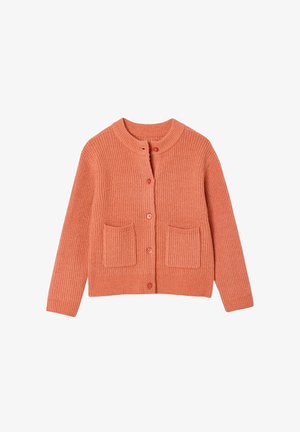 Coral pink knitted cardigan with long sleeves, round neckline, front button closure, and two front patch pockets.