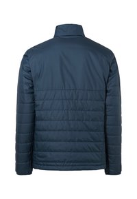 Navy gepolsterte Jacke mit hohem Kragen und gestepptem Design. Das Material wirkt glatt und wasserabweisend und hat einen geraden Schnitt.