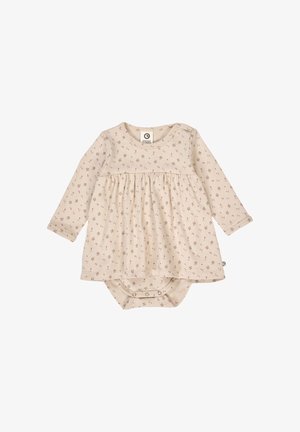 Robe pour bébé à manches longues en coton beige clair avec un petit imprimé floral rose, taille froncée et pressions à la base.