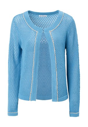 Lichtblauwe, opengebreide cardigan met lange mouwen, ronde halslijn en crèmekleurige rand langs de randen. Gemêleerd patroon overal.