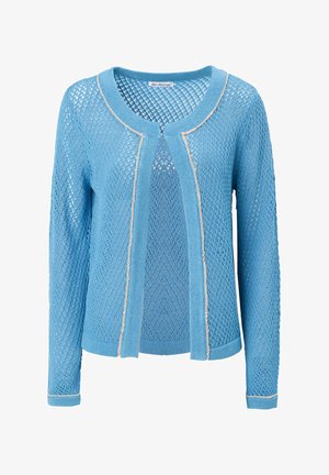 Lichtblauwe, opengebreide cardigan met lange mouwen, ronde halslijn en crèmekleurige rand langs de randen. Gemêleerd patroon overal.