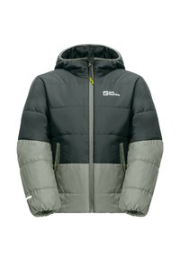 Giubbotto imbottito con cappuccio, caratterizzato da blocchi di colore verde scuro e verde chiaro. Chiusura frontale con zip, polsini elasticizzati e logo in alto a sinistra.