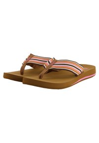 Brown flip-flops with multicolored striped fabric straps and a textured footbed. The sole features a pink accent along the edge.