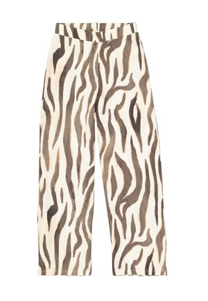Weite Hosen aus einem cremefarbenen Stoff mit einem auffälligen braunen und schwarzen Zebramuster. Glatte Textur mit elastischem Taillenbund.