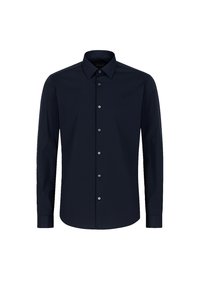 Camicia da uomo a maniche lunghe di colore blu navy, con colletto a punta e polsini abbottonati, esposta su uno sfondo bianco.