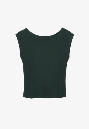 Top corto de color verde oscuro, acanalado, con mangas cortas y un escote amplio. Las costuras laterales crean un aspecto estructurado.