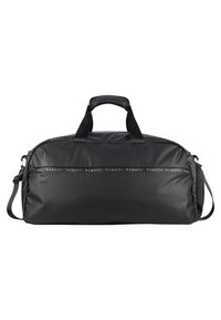 Bolsa de deporte negra hecha de material sintético suave. Cuenta con dos asas de transporte, una correa de hombro desmontable y un bolsillo con cremallera.