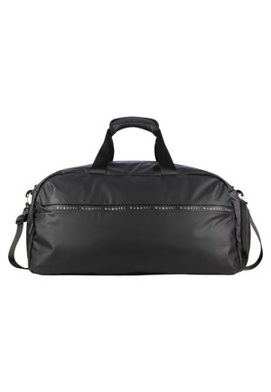 Borsa duffle nera realizzata in materiale sintetico liscio. Presenta manici doppi, una tracolla removibile e una tasca con cerniera.
