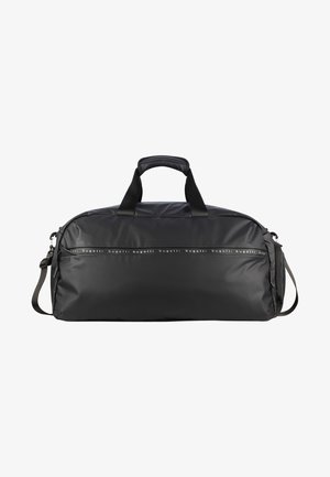 Black duffle bag made of smooth synthetic material. Features dual carrying handles, removable shoulder strap, and a zipper pocket.