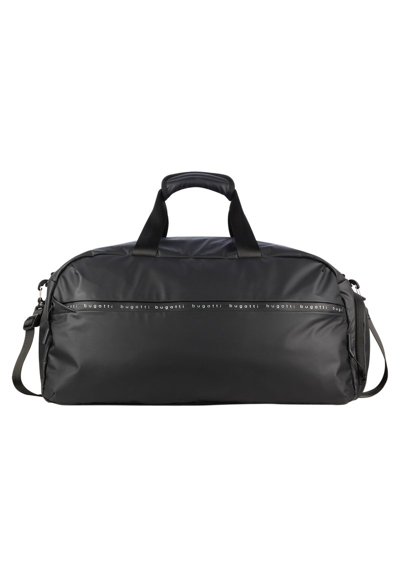 Bolsa de deporte negra hecha de material sintético suave. Cuenta con dos asas de transporte, una correa de hombro desmontable y un bolsillo con cremallera.