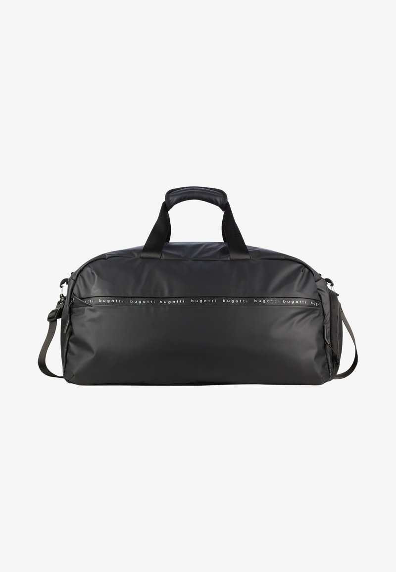 Bolsa de deporte negra hecha de material sintético suave. Cuenta con dos asas de transporte, una correa de hombro desmontable y un bolsillo con cremallera.