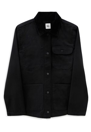 Black jacket made of sturdy fabric, featuring a corduroy collar, snap buttons, and two large front pockets. Simple, functional design.
