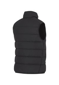 Schwarze Steppweste mit hohem Kragen, ärmellosem Design, gesteppte Abschnitte und glatter Textur, ideal für das Layering bei kühlerem Wetter.