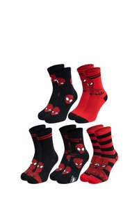 Quattro paia di calze: due nere con facce di Spider-Man, una rossa con Spider-Man e righe nere, e una rossa tinta unita con dettagli testuali.
