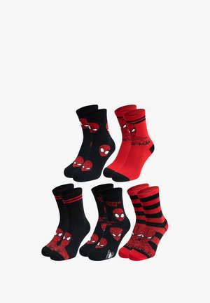 Four pairs of socks: two black with Spider-Man faces, one red with Spider-Man and black stripes, and one solid red with text detail.
