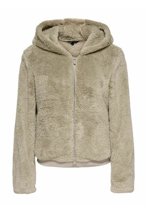 Faux-Fur Zip-Hoodie in hellem Beige mit einer weichen, plüschigen Textur, elastischem Saum und Bündchen sowie einer geräumigen Kapuze.