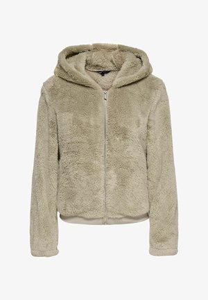 Faux-Fur Zip-Hoodie in hellem Beige mit einer weichen, plüschigen Textur, elastischem Saum und Bündchen sowie einer geräumigen Kapuze.