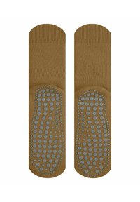 Brązowe skarpetki bawełniane z teksturowanym spodem, ozdobione niebieskimi punktami antypoślizgowymi, zaprojektowane w celu poprawy przyczepności i stabilności. Gładka, prążkowana górna czę ść.