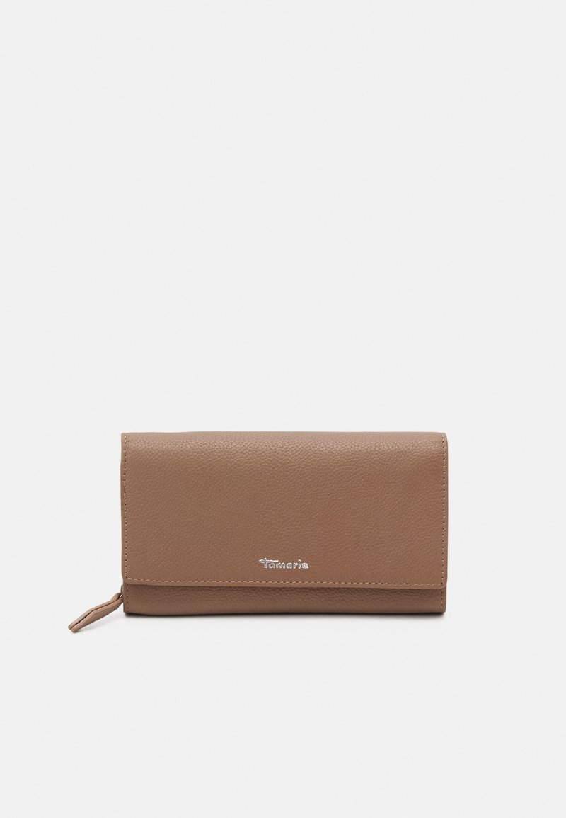 Brown faux leather wallet with a textured finish, fold-over design, and zip closure. Features a silver logo at the bottom front.