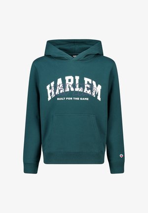 Sudadera teal con un bolsillo frontal, que presenta el texto blanco "HARLEM" y "BUILT FOR THE GAME" debajo en una fuente contrastante.