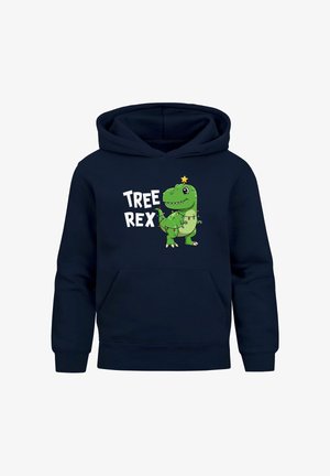 Marineblauer Kapuzenpullover mit einem grünen Cartoon-Dinosaurier, geschmückt mit Weihnachtslichtern und einem Stern, mit dem Text "TREE R EX." Weicher Stoff, reguläre Passform.