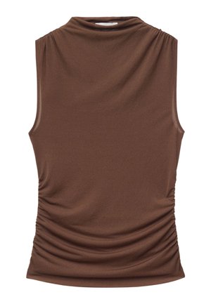 Rudos spalvos be rankovių viršus su aukštu iškirpte ir surištais šonais, kurie sukuria subtilų raukšlėjimosi efektą.