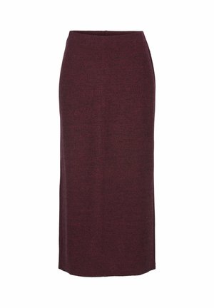 Bordeaux kleurige, knielange rok gemaakt van een textuurgebreide stof met een getailleerd silhouet en een contrasterende tailleband. Geen zichtbare sluitingen of versieringen.