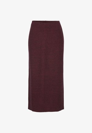 Bordeauxfarbene, knielange Rock aus strukturiertem Strickstoff mit taillierter Silhouette und kontrastierendem Bund. Keine sichtbaren Verschlüsse oder Verzierungen.