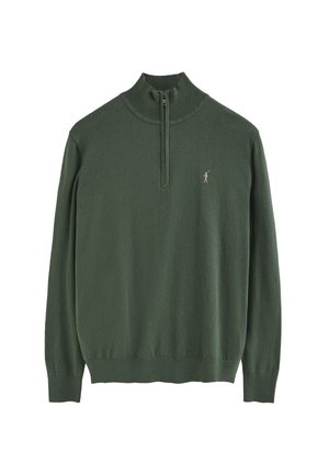 Groene pullover trui met een kwart ritssluiting, geribbelde kraag en manchetten. Bevat een klein geborduurd logo op de linkerkant van de borst. Zachte textuur.