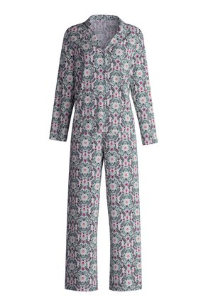 Set di pigiama a maniche lunghe con motivo floreale in rosa, grigio e verde, realizzato in tessuto morbido con una vestibilità rilassata e dettaglio colletto.