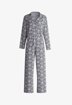 Lange mouwen pyjama set met een bloemenpatroon in roze, grijs en groen, gemaakt van zachte stof met een ontspannen pasvorm en kraagdetail.