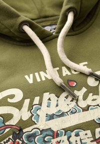 Zielona bluza z kapturem o teksturowym wykończeniu. Posiada kremowe sznurki i graficzny nadruk z vintage'owym letteringiem oraz kwiatowymi akcentami.